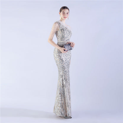 Fur Slant Neck One Shoulder Formal Dress
