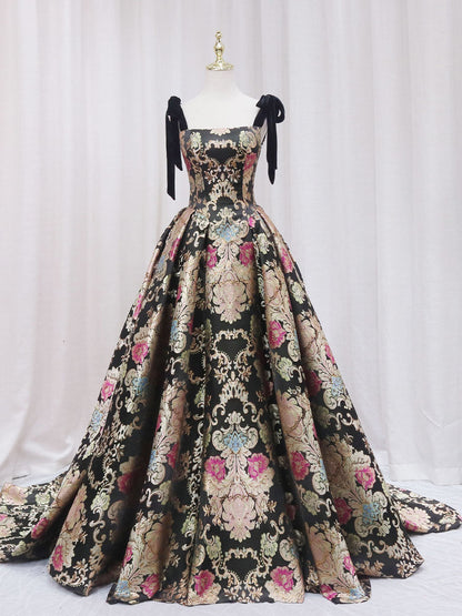 Black/Gold Satin A-Line Long Prom Dress