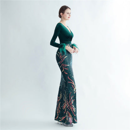 Ostrich Beaded Velvet Side Split Formal Dress