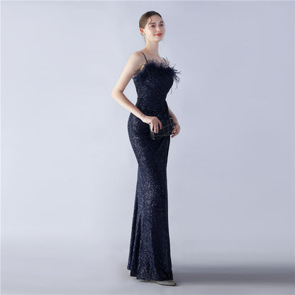 Ostrich Beaded Side Split Formal Dress