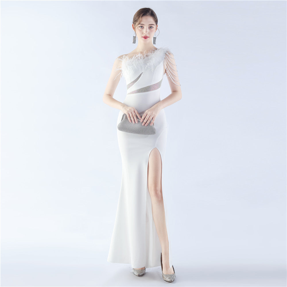 Fur Slant Neck One Shoulder Formal Dress