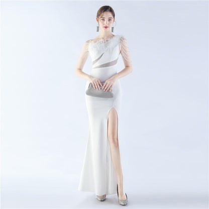 Fur Slant Neck One Shoulder Formal Dress