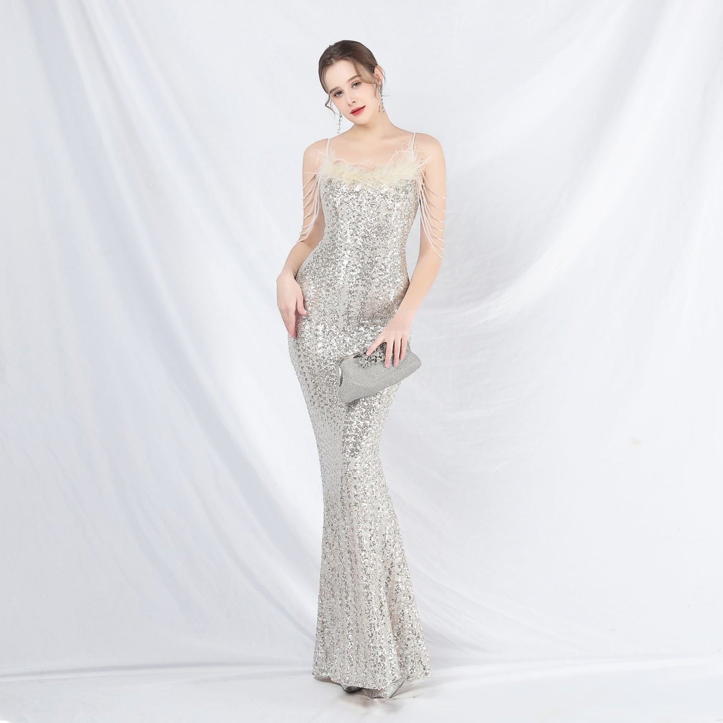 Ostrich Fur Illusion Beaded Formal Dress