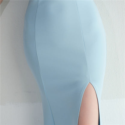 ラインストーン装飾のフェザーフォーマルドレス