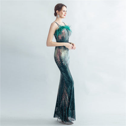 Ostrich Fur Halter Formal Dress