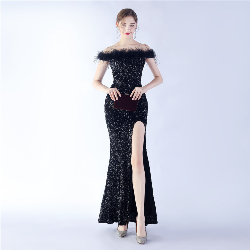 Fur One Shoulder Formal Dress