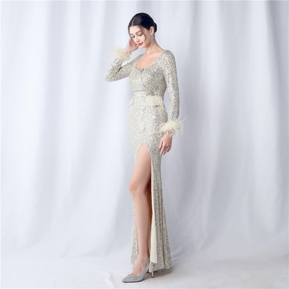 Ostrich Fur Long Sleeve Formal Dress
