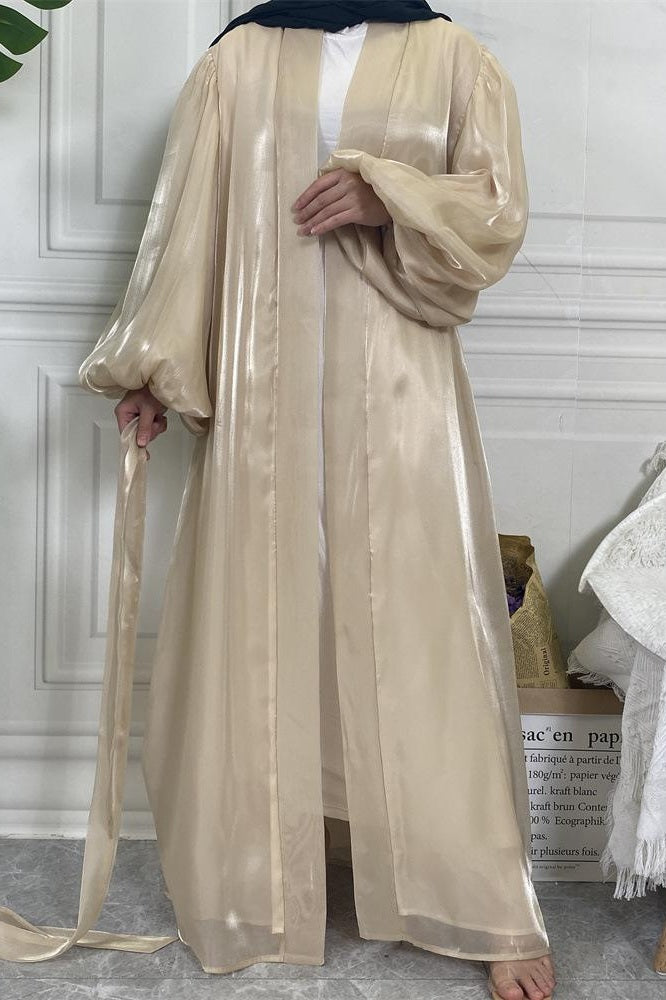 Shiny Silk Balloon Sleeves Lined Cardigan
