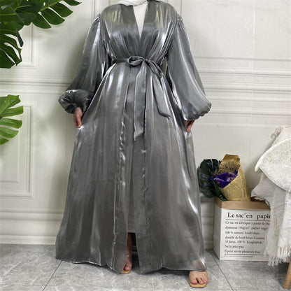 Shiny Silk Balloon Sleeves Lined Cardigan