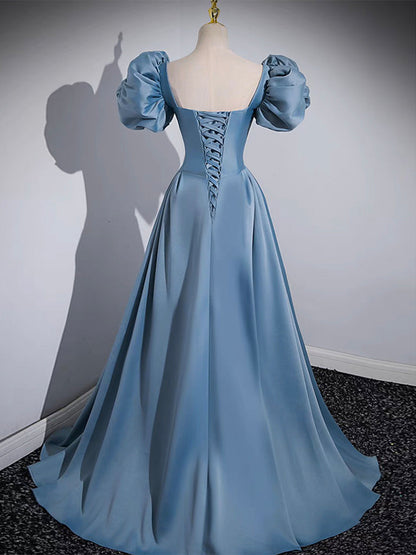 A-Line Satin Blue Long Prom Dress