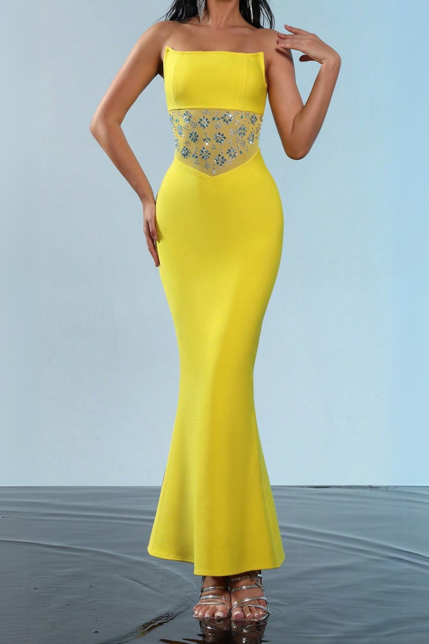mesh splice rhinestone decor yellow maxi bandage dress