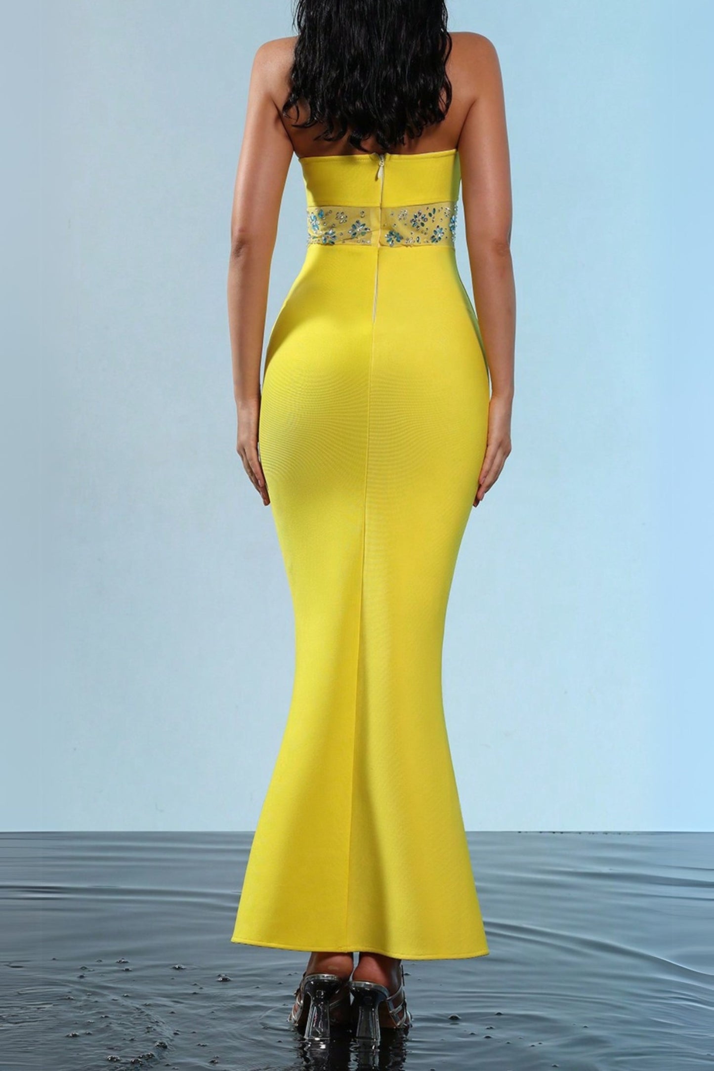 mesh splice rhinestone decor yellow maxi bandage dress