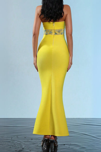 mesh splice rhinestone decor yellow maxi bandage dress