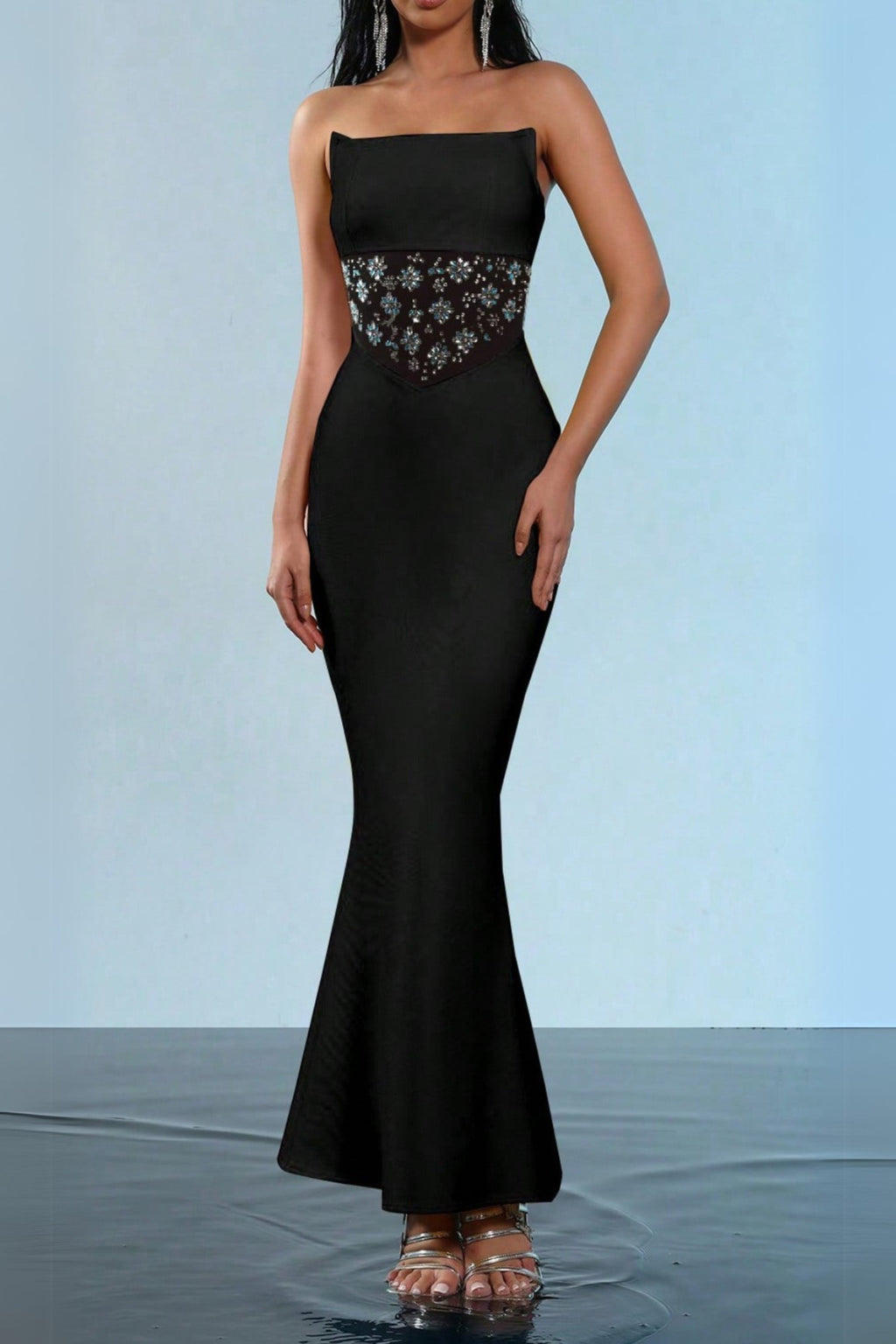mesh splice rhinestone decor black maxi bandage dress