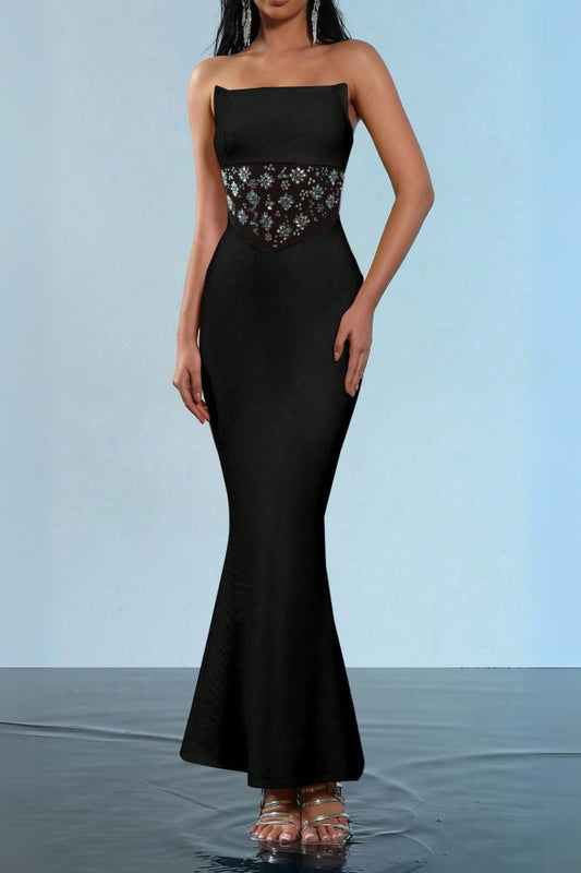 mesh splice rhinestone decor black maxi bandage dress