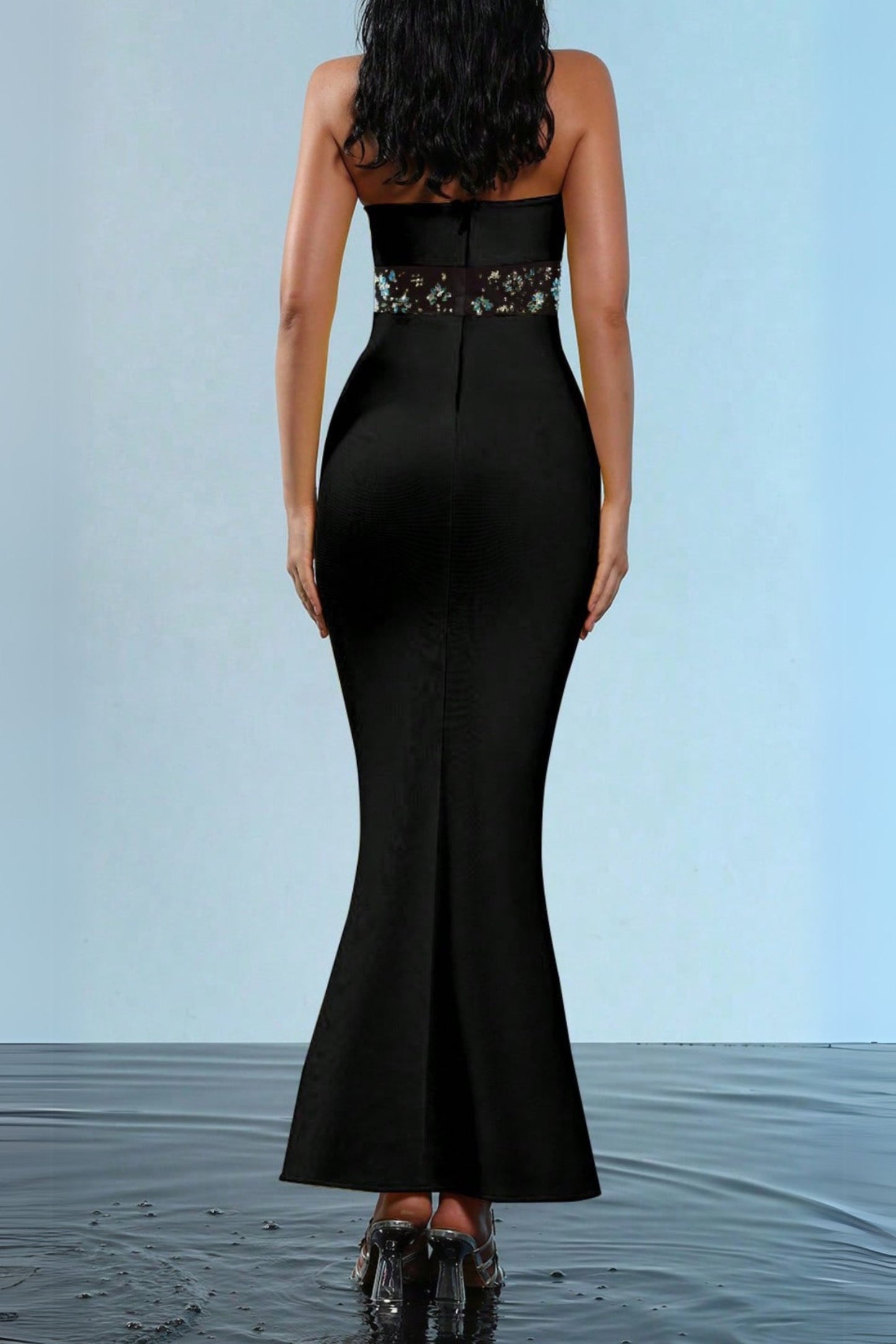 mesh splice rhinestone decor black maxi bandage dress