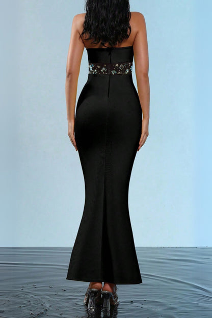 mesh splice rhinestone decor black maxi bandage dress