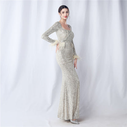 Ostrich Fur Long Sleeve Formal Dress