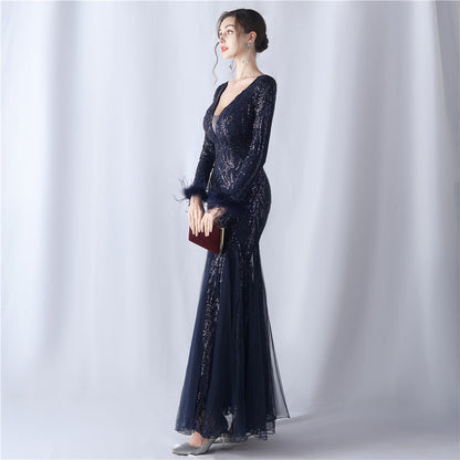 Ostrich Fur Mesh Beaded Formal Dresses