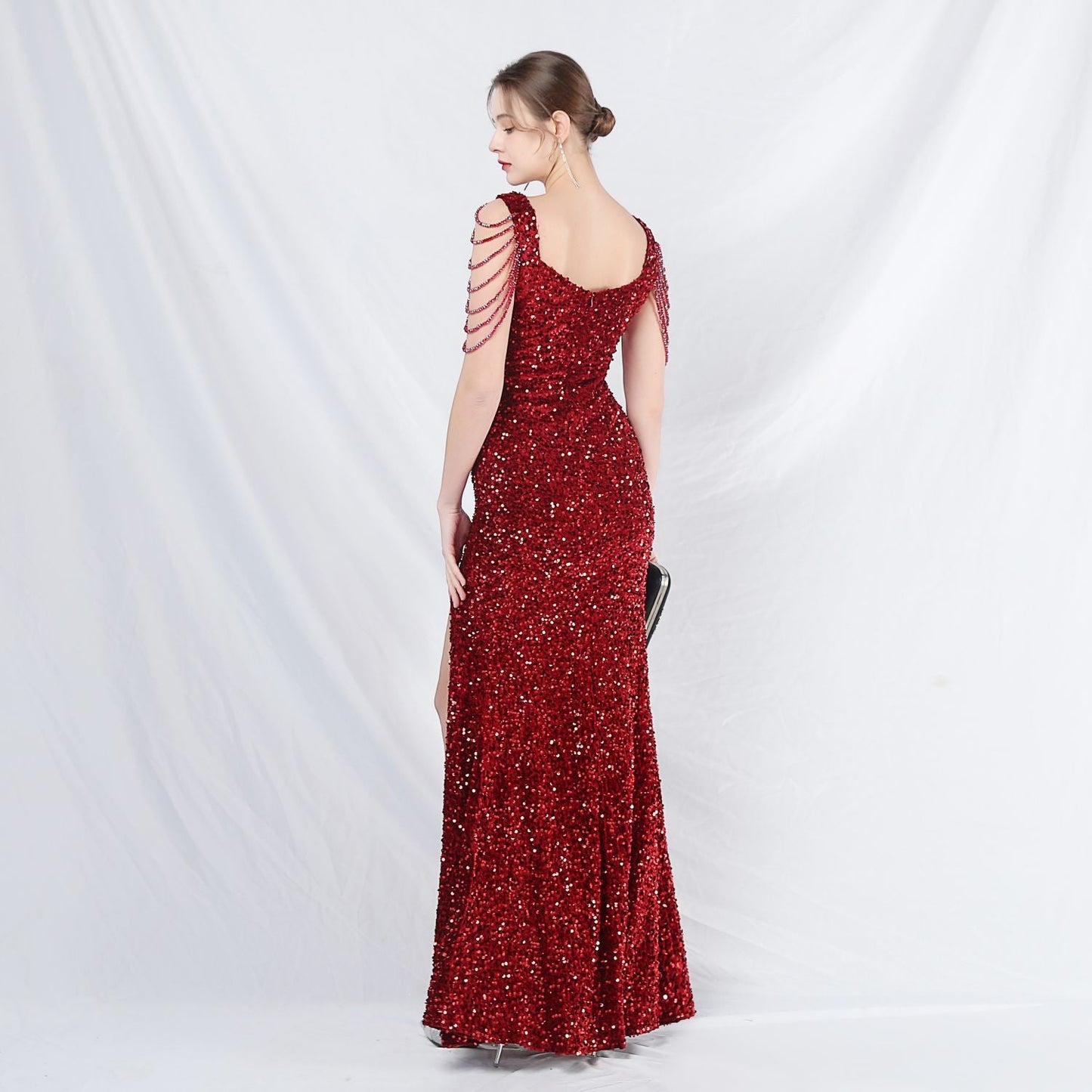 ベルベット裏地ビーズ付きフォーマルドレス