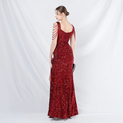 ベルベット裏地ビーズ付きフォーマルドレス