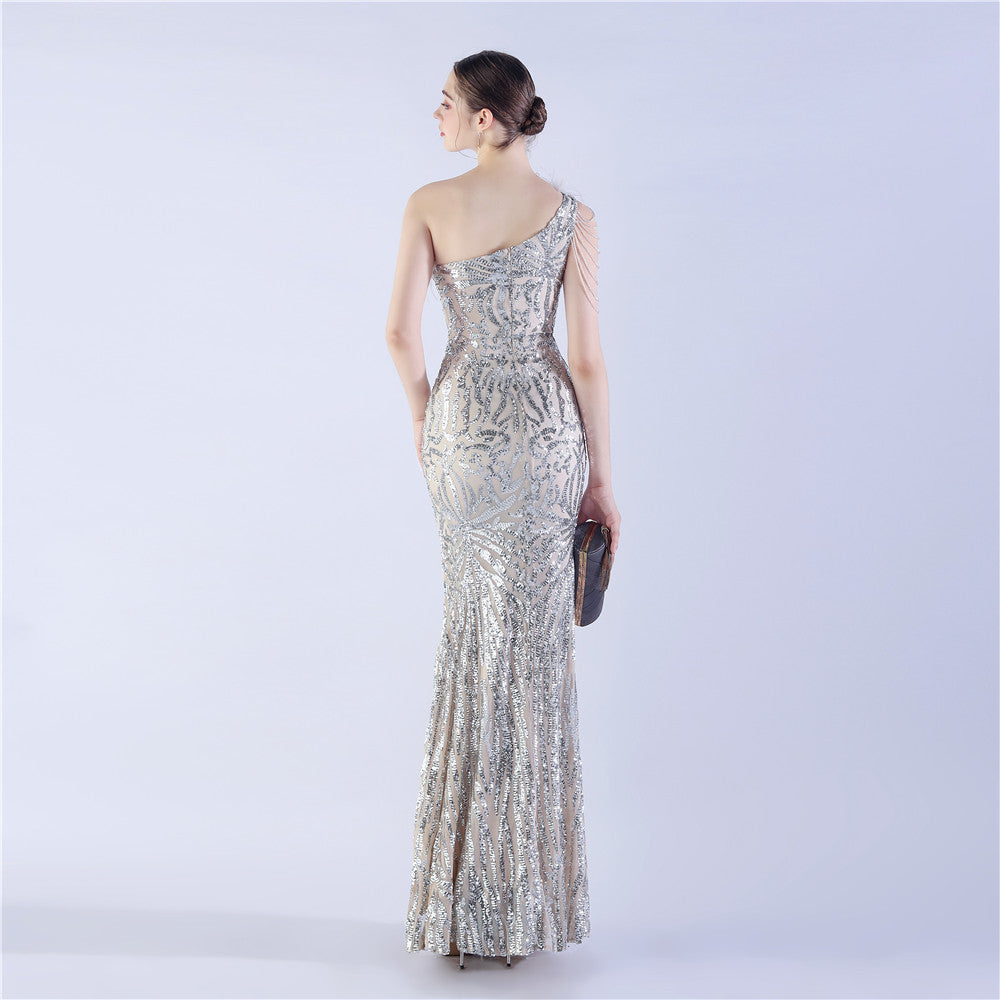 Fur Slant Neck One Shoulder Formal Dress