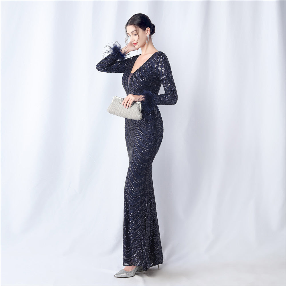 Ostrich Fur Long Sleeve Formal Dress
