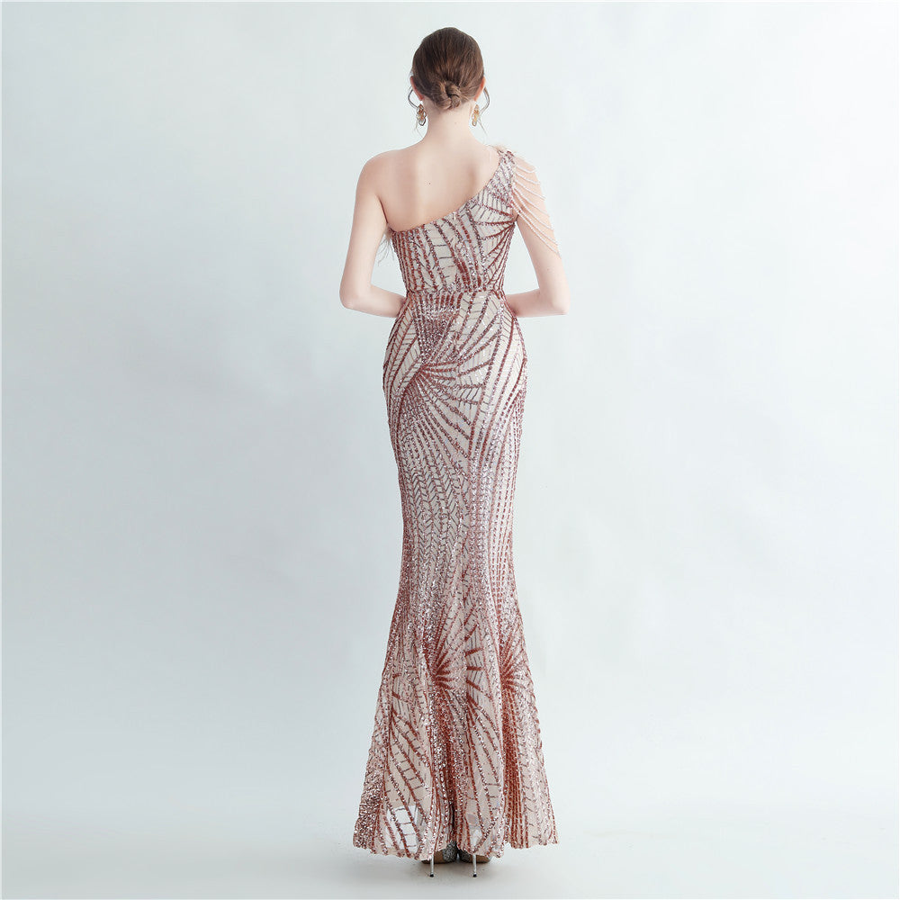 Fur Layered Beaded Formal Dress