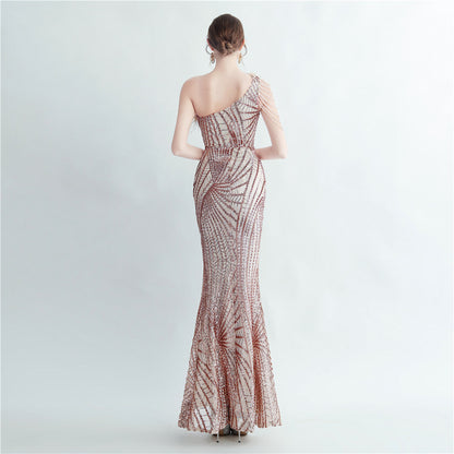 Fur Layered Beaded Formal Dress