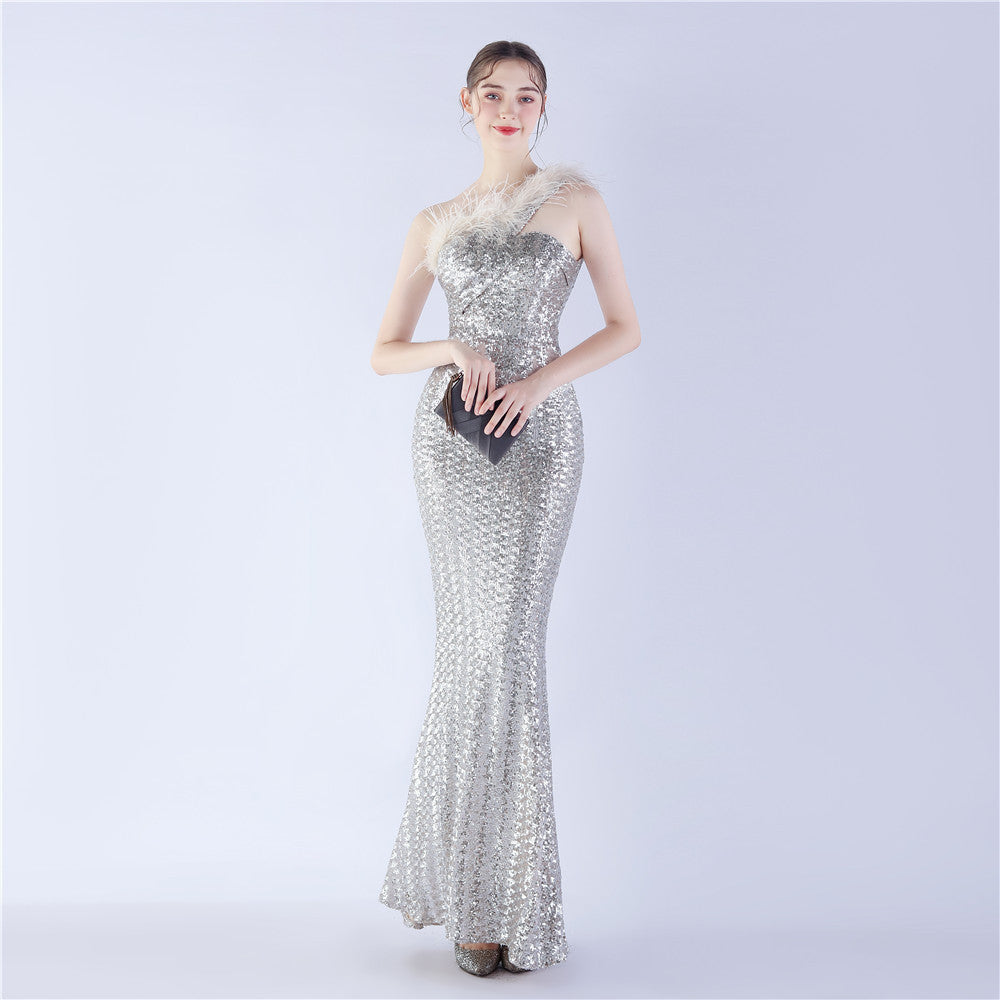 Ostrich Fur One-Shoulder Slant Neck Beaded Maxi Formal Dress