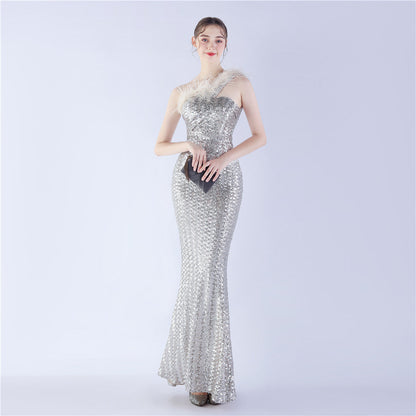 Ostrich Fur One-Shoulder Slant Neck Beaded Maxi Formal Dress
