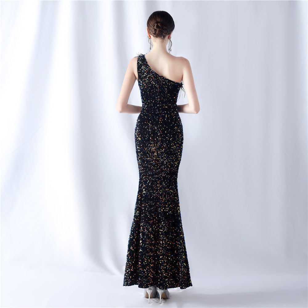 Ostrich Velvet Bottom One Shoulder Formal Dress