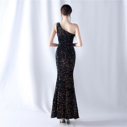 Ostrich Velvet Bottom One Shoulder Formal Dress