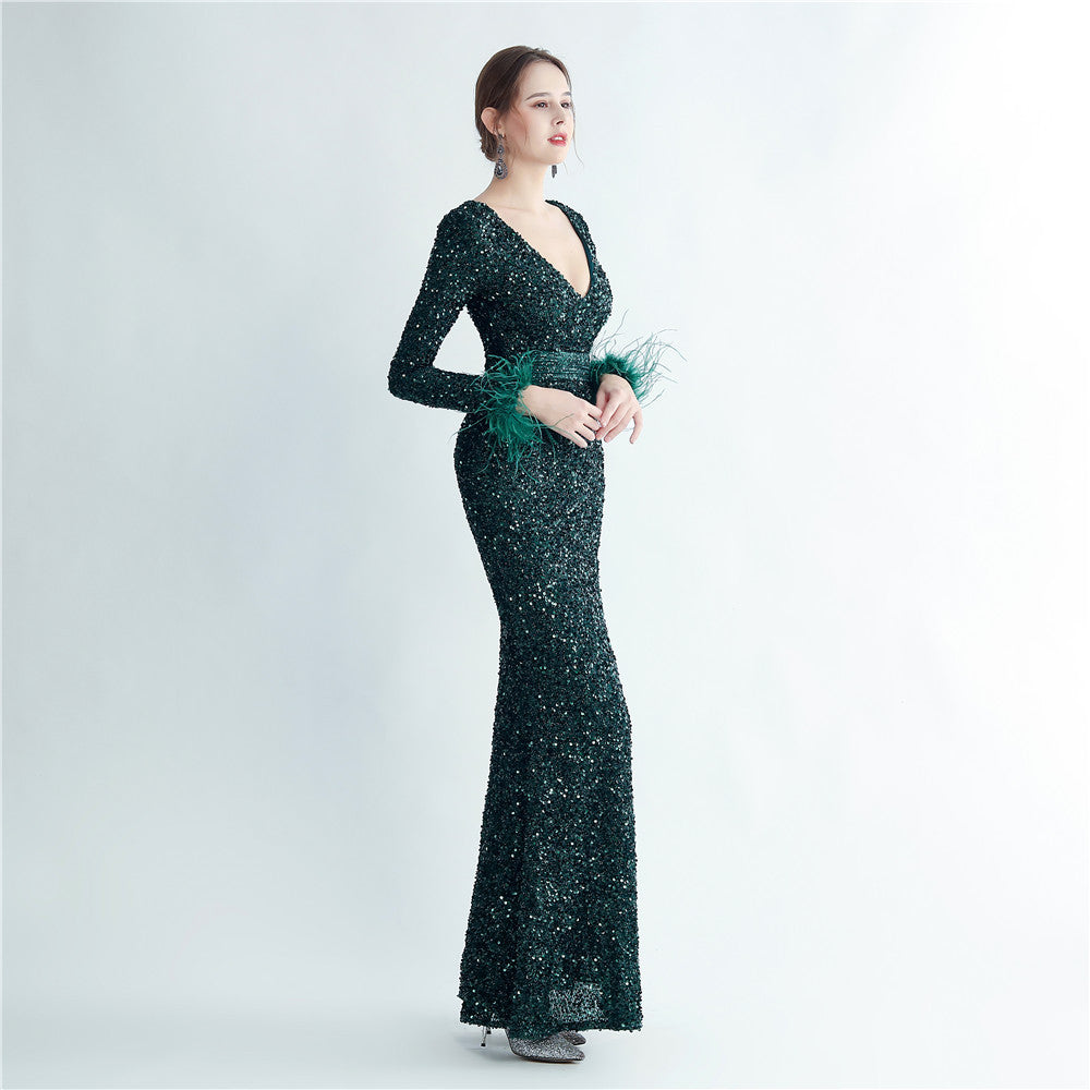 Split Long Sleeve Sequin Formal Dress