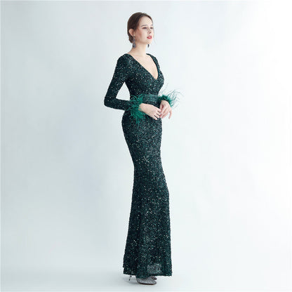 Split Long Sleeve Sequin Formal Dress