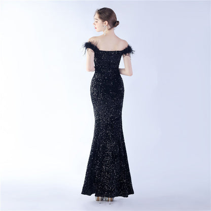 Fur One Shoulder Formal Dress