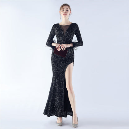 Ostrich Fur Long Sleeve Formal Dress