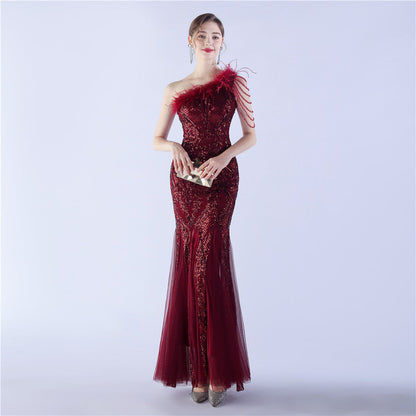 Beaded and Ostrich Fur Sequined Formal Dress