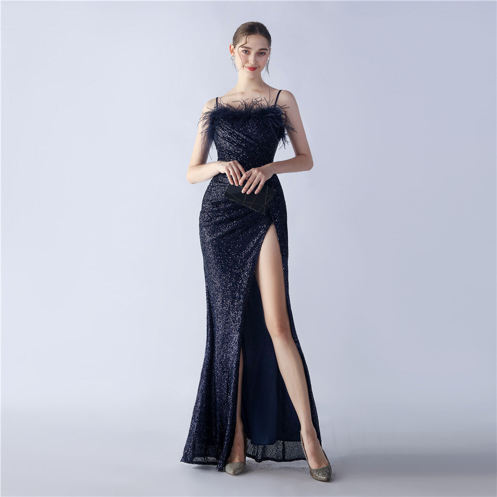 Ostrich Beaded Side Split Formal Dress