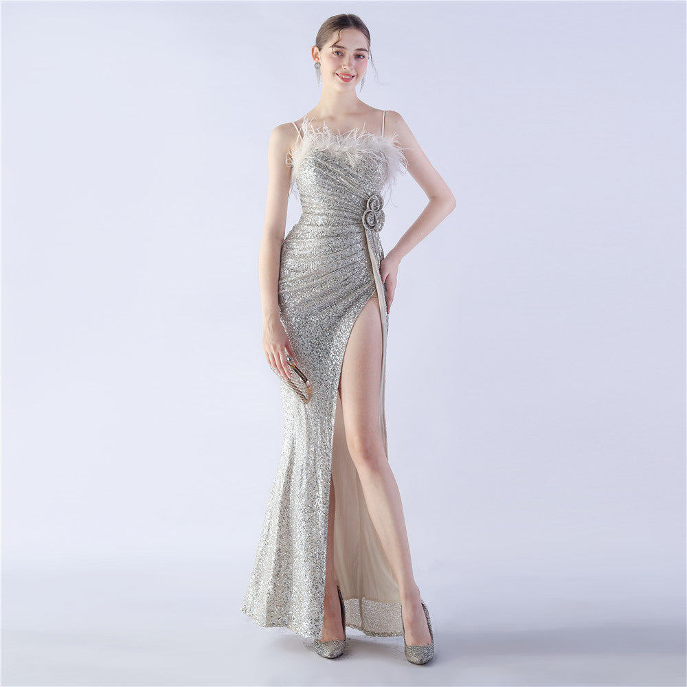 Fur Crafted Flower Formal Dress