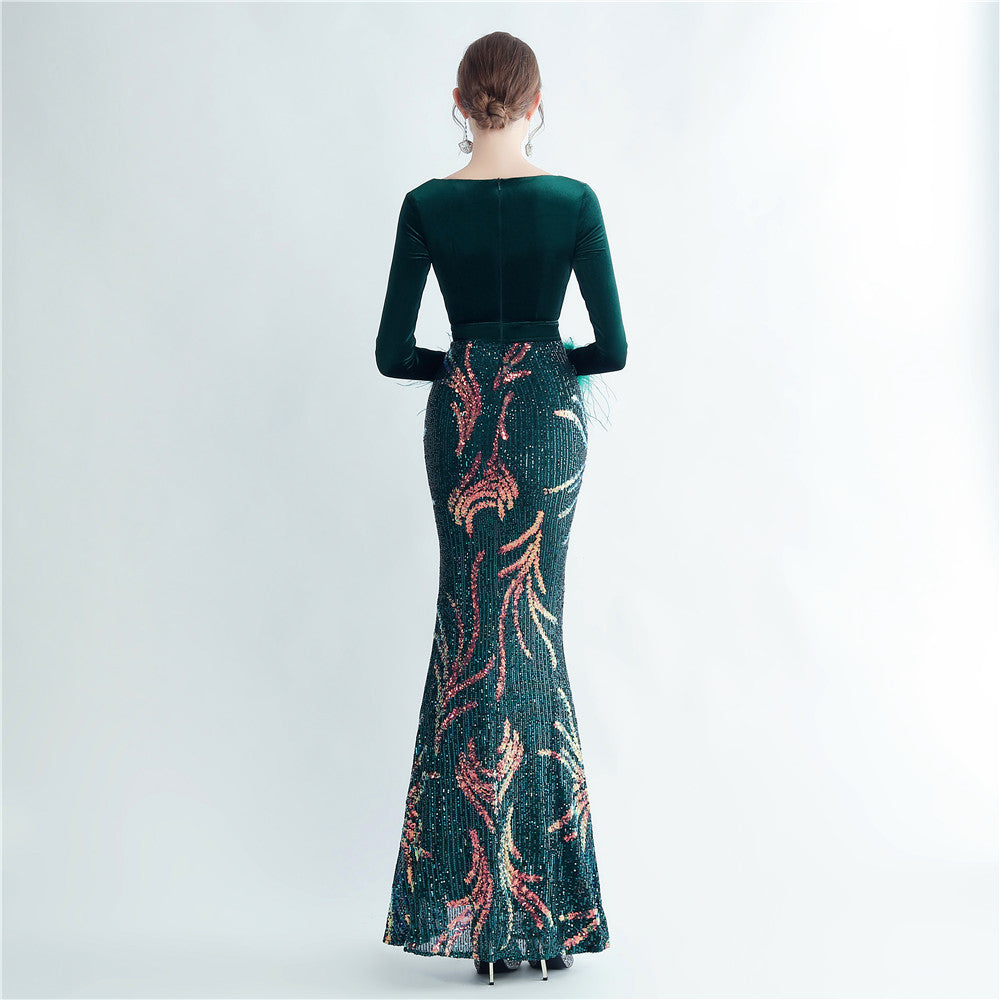 Ostrich Beaded Velvet Side Split Formal Dress