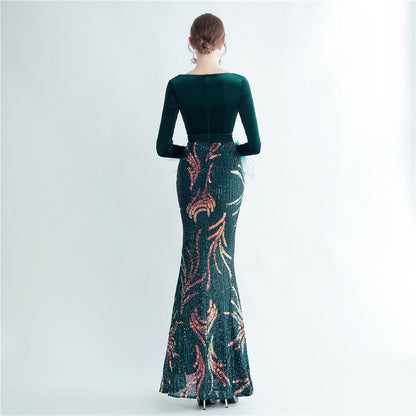 Ostrich Beaded Velvet Side Split Formal Dress