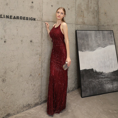 Silk Thread Fringe Beaded Formal Dresses