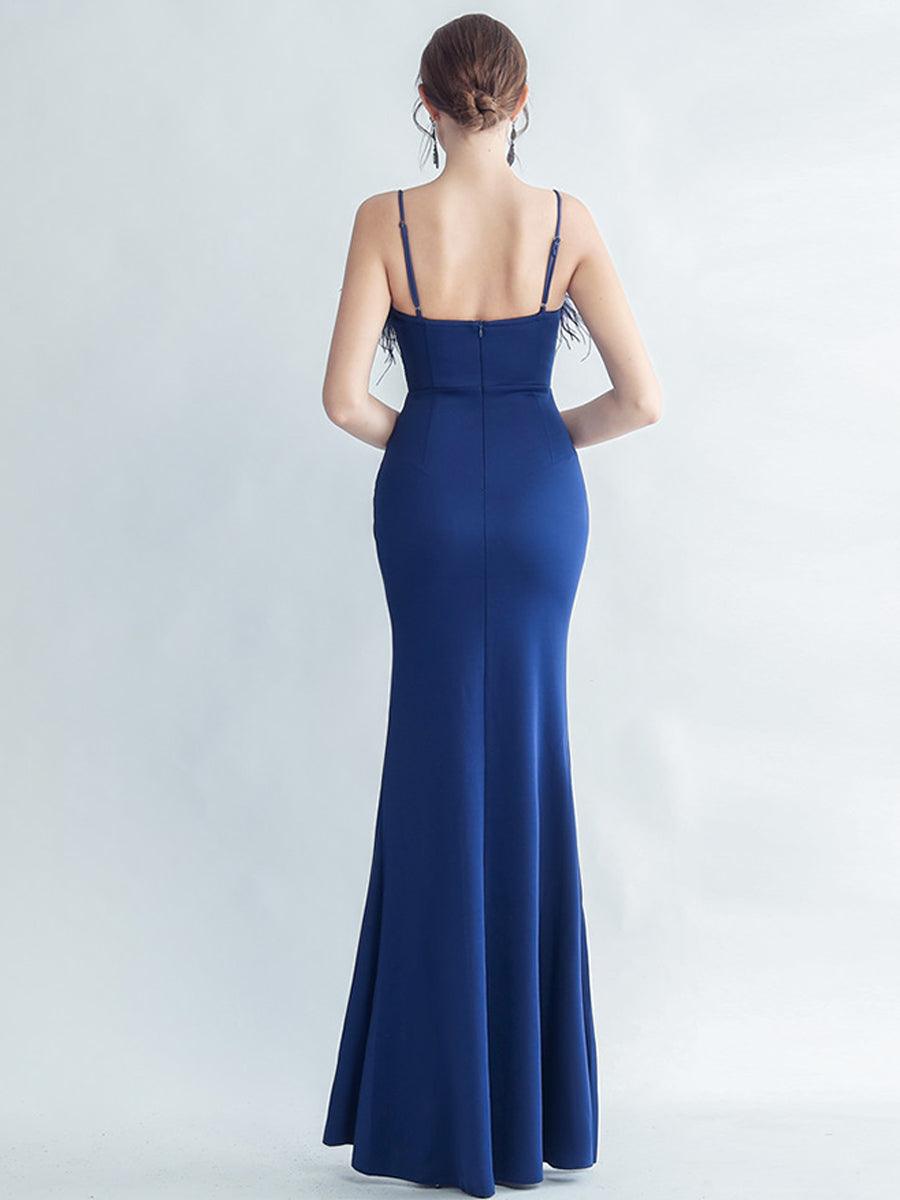 Feather Spaghetti Rhinestone Formal Dress