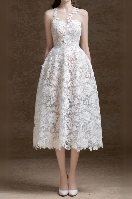 erica floral lace midi dress in white