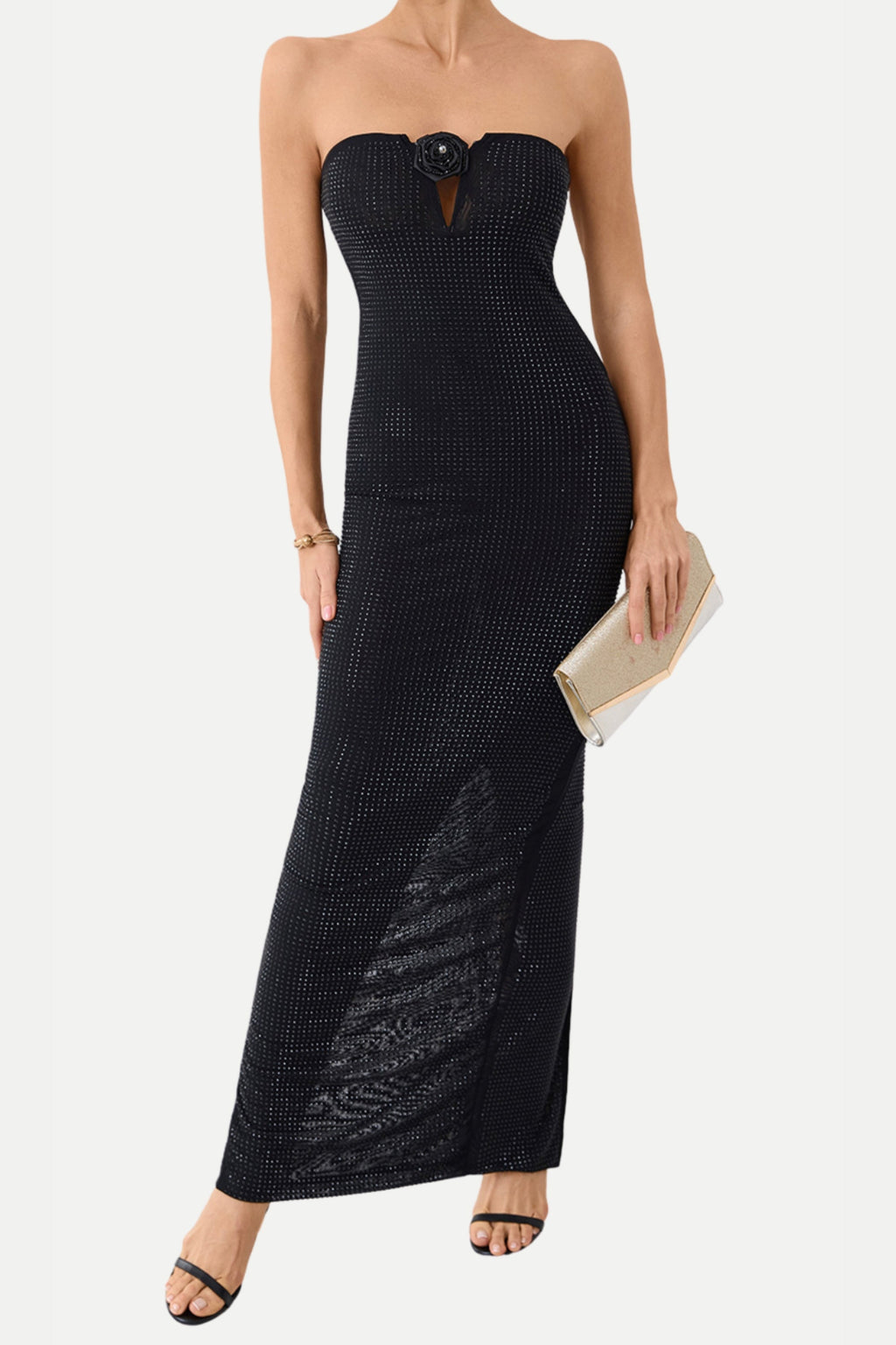 Strapless Rhinestone rose maxi dress in black