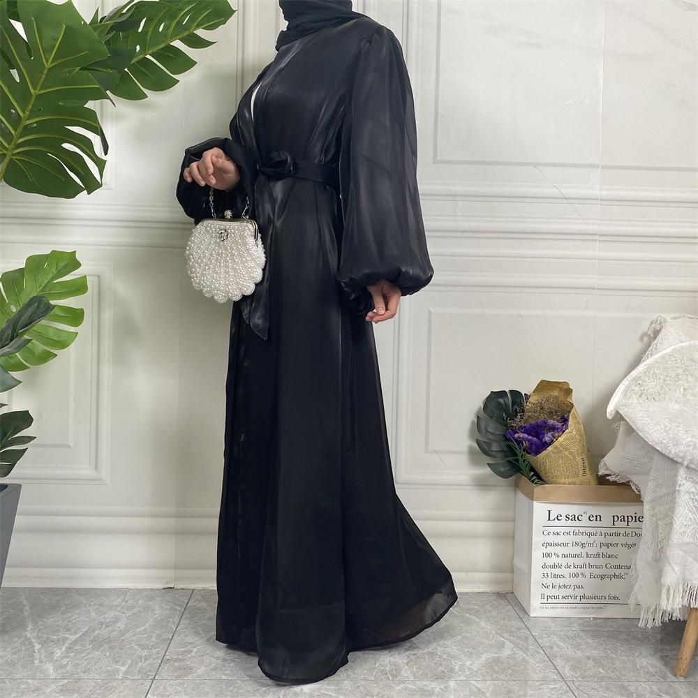 Shiny Silk Balloon Sleeves Lined Cardigan