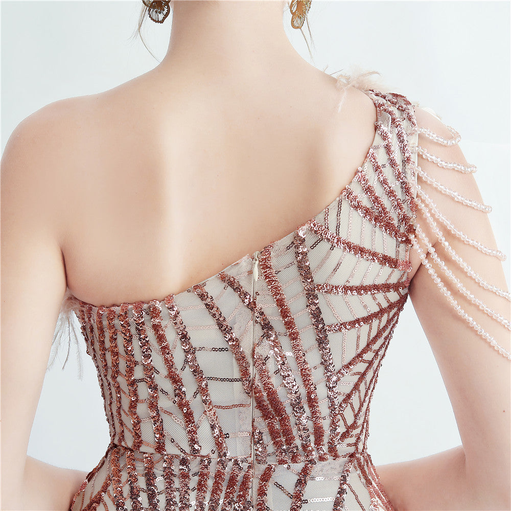 Fur Layered Beaded Formal Dress