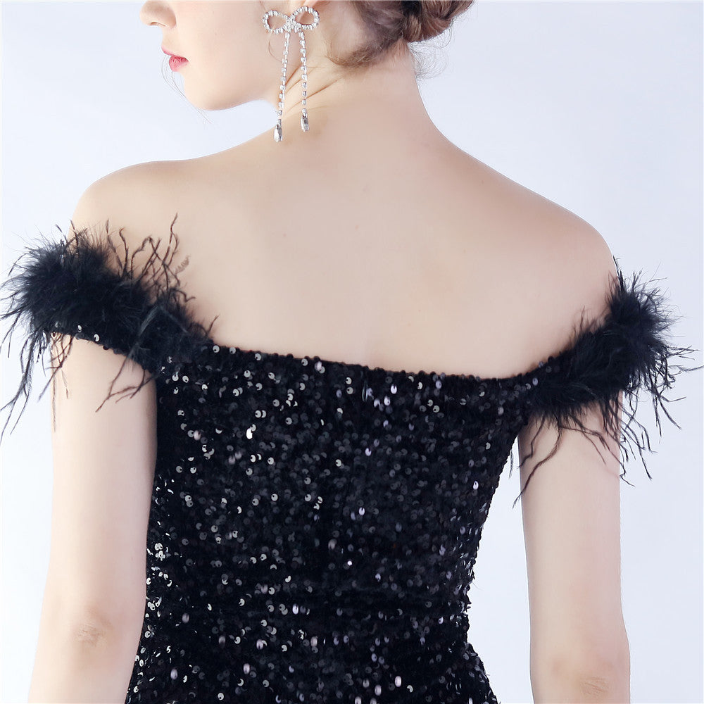 Fur One Shoulder Formal Dress