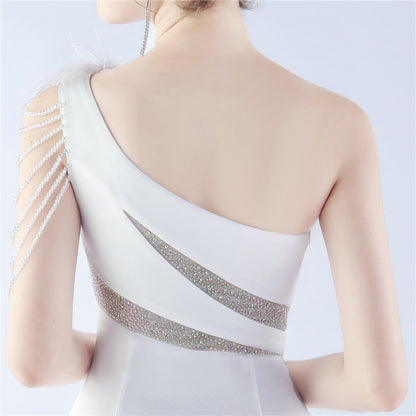 Fur Slant Neck One Shoulder Formal Dress